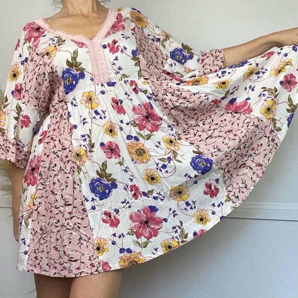 NWT Boho Mixed Floral Print Babydoll  Lace Mini Dress Patch Ivory Blush Summer - Picture 9 of 16
